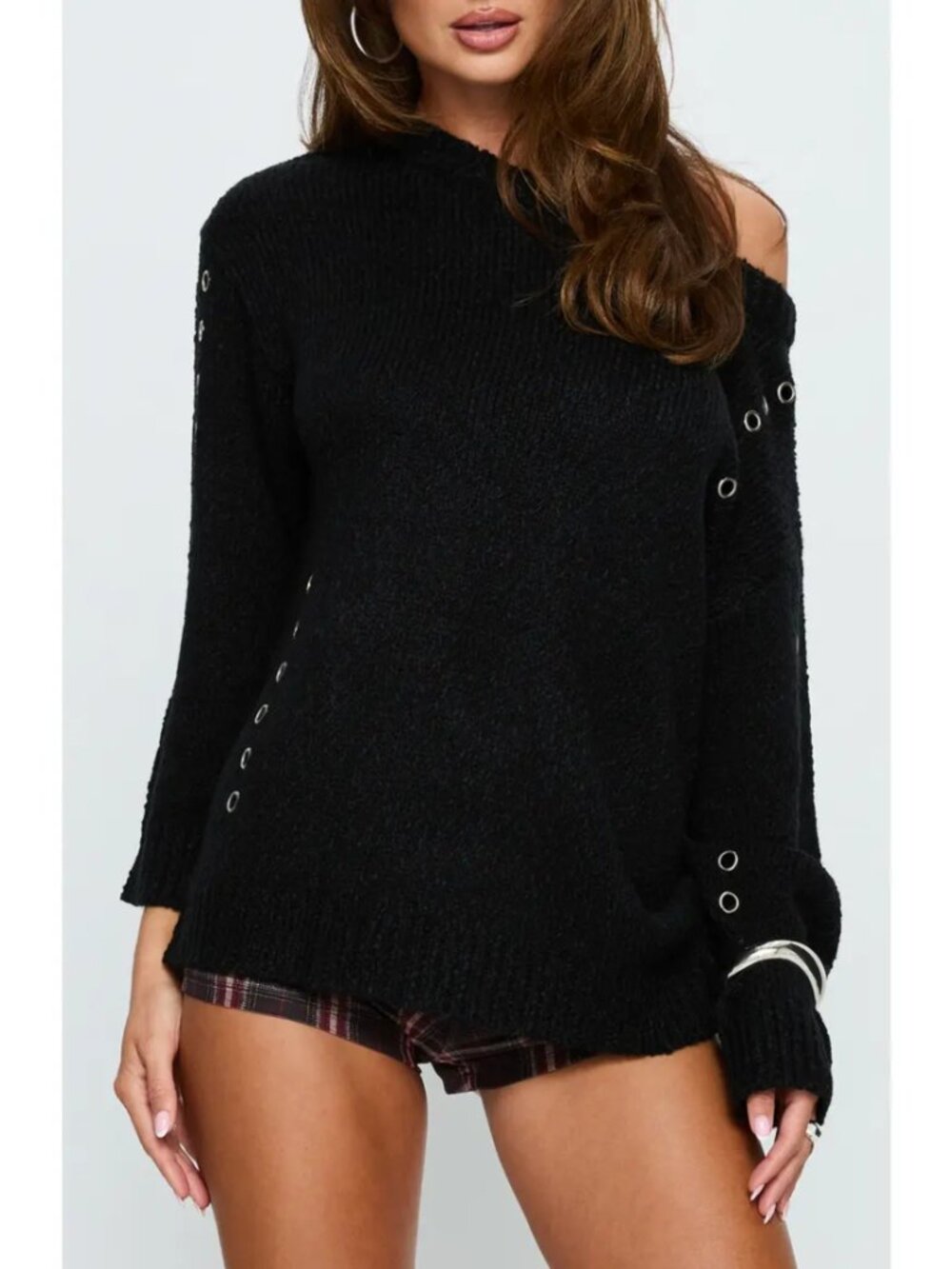 Princess Polly Esenia Eyelet Detail Knit Sweater Black Silver One Shoulder 4 NWT